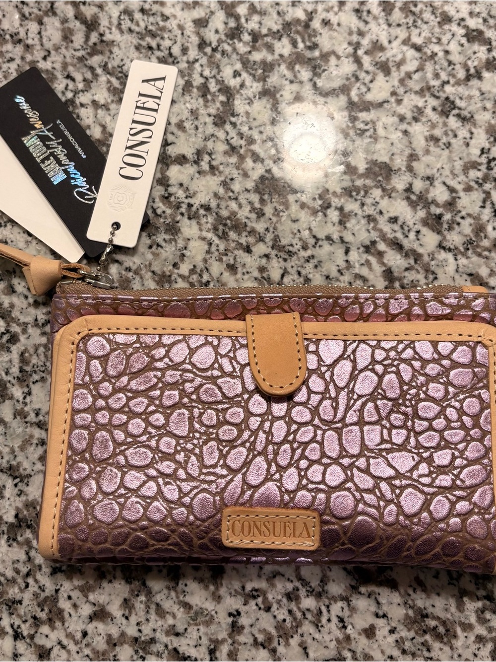 Consuela Metallic Lavender Pebbled Wallet with Tan Trim